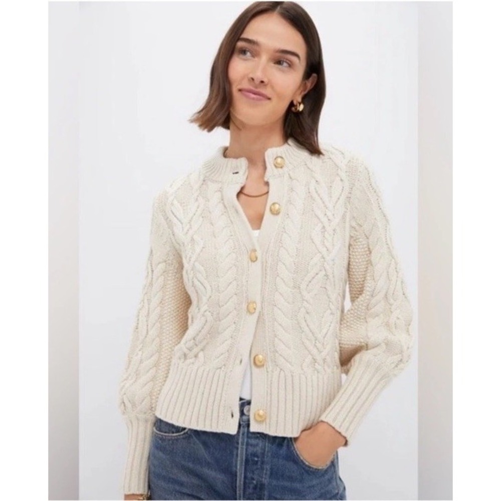 Tuckernuck Colette Cardigan Sweater Ivory Cable Knit Puff Sleeve Preppy Chic M